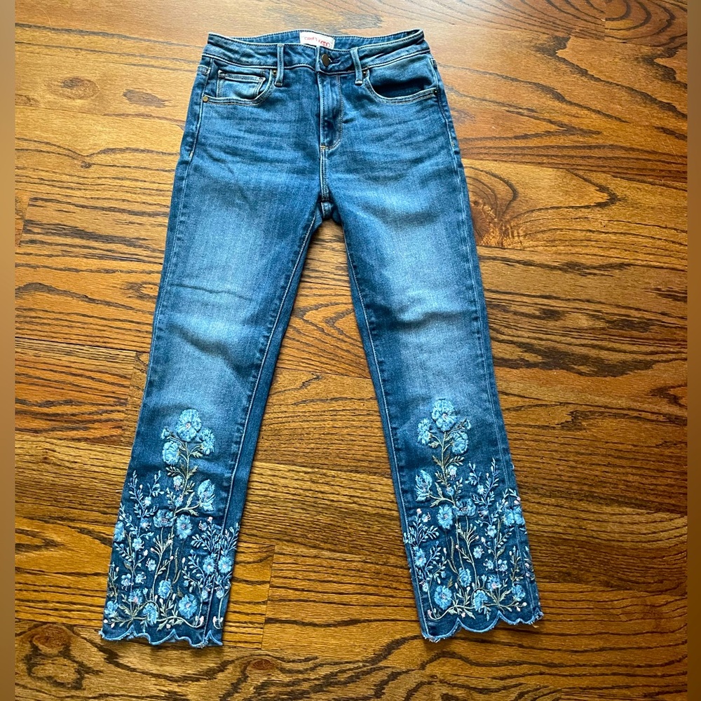 Driftwood brand jeans with flower embroidery on legs